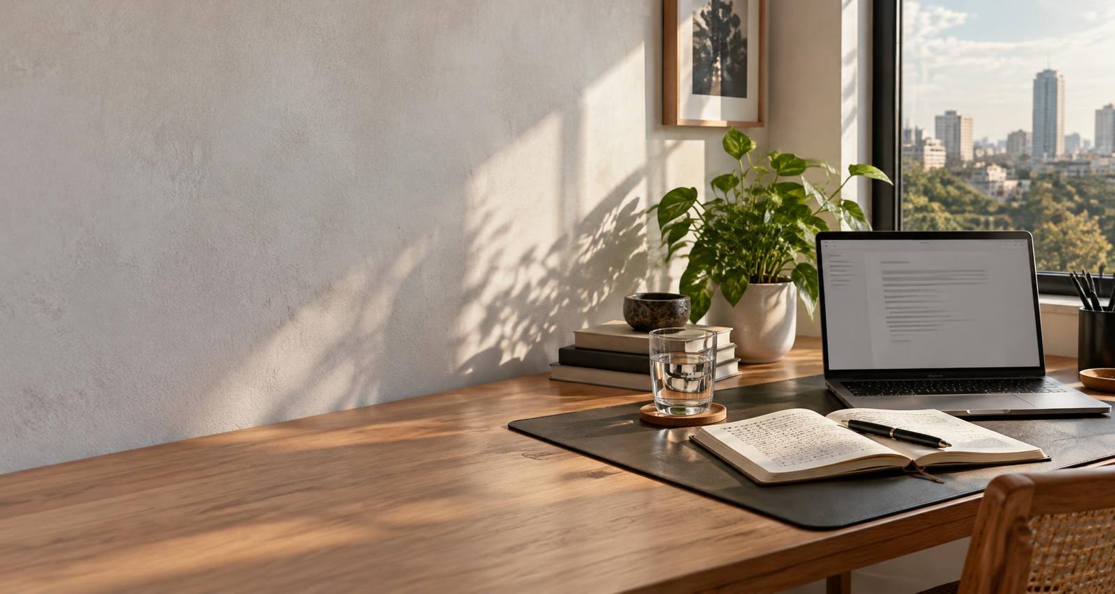 A sunlit writing desk with a notebook, pen and laptop